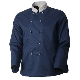 Китель повара темно-синий с серым воротником унисекс 379A-MU-15/57 из износостойкого стопроцентного хлопка плотностью 260 граммов на квадратный метр