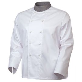 Китель повара белый с серым воротником унисекс 379A-MU-оо/57 из износостойкого стопроцентного хлопка плотностью 260 граммов на квадратный метр
