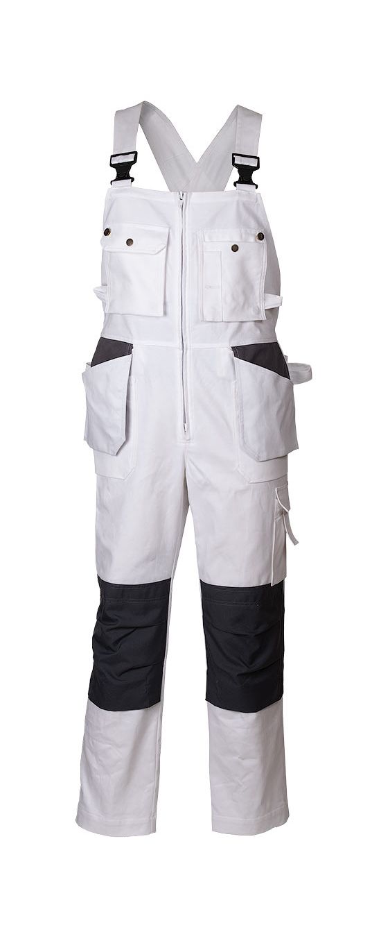Полукомбинезон рабочий летний белый 51M-2-EASN-00/55 из плотного хлопка с наколенниками и 13 карманами,  вид спереди
