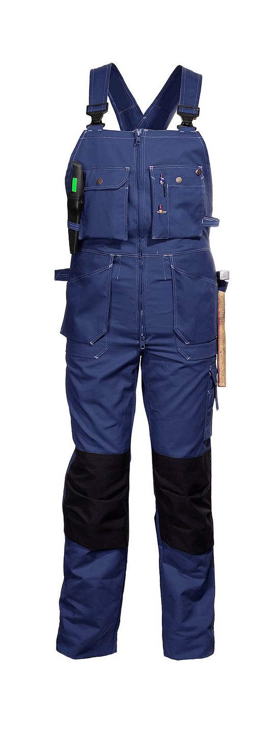 Полукомбинезон рабочий летний тёмно-синий 51-2-P154-14 из смесовой ткани с наколенниками и 12 карманами, вид спереди Полукомбинезон рабочий летний тёмно-синий 51-2-P154-14 из смесовой ткани с наколенниками и 12 карманами, вид спереди