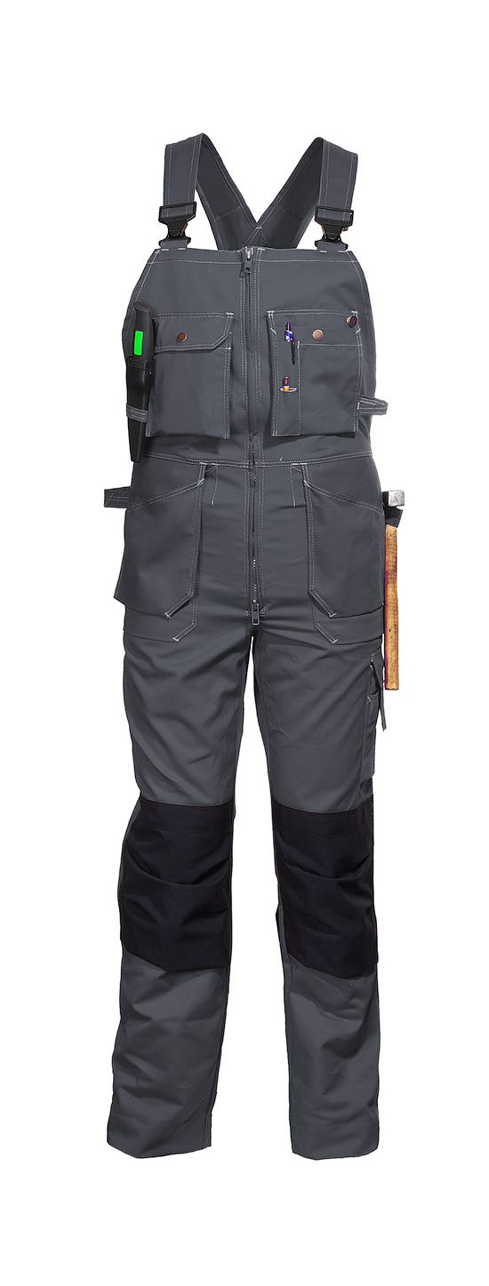 Полукомбинезон рабочий летний серый 51-2-P154-55 из смесовой ткани с наколенниками и 12 карманами, вид спереди