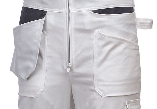 Белый рабочий летний полукомбинезон 55M-NU-00/55 из хлопка, левый нижний отлётный карман убран внутрь Белый рабочий летний полукомбинезон 55M-NU-00/55 из хлопка, левый нижний отлётный карман убран внутрь