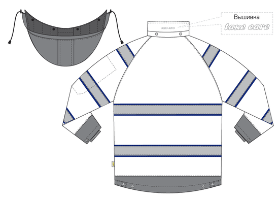 Куртка утепленная зимняя сигнальная 4677•ND-TWILL-71/15 с отстегивающимся капюшоном и световозвращающими лентами, эскиз, вид сзади
