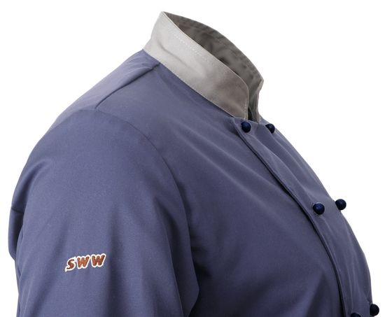 Китель повара голубой с серым воротником унисекс 379A-TEREDO-11/57 из износостойкой смесовой ткани, в розницу и оптом, вышивка на рукаве