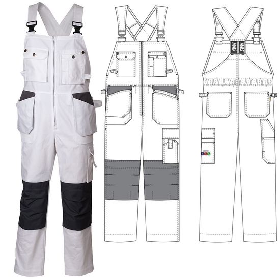 Полукомбинезон рабочий летний белый 51M-2-EASN-00/55 из плотного хлопка с наколенниками и 13 карманами, эскиз, вид спереди