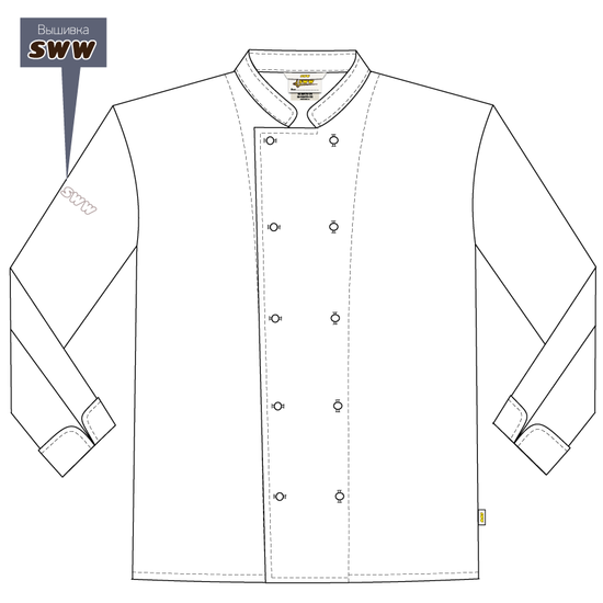 Китель повара унисекс белый 379T-P92-00, эскиз, вид спереди