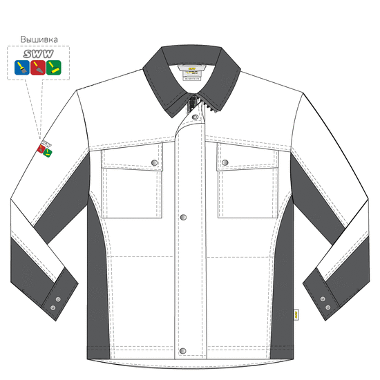 Летняя рабочая белая мужская куртка 374M-NU-05/55 из плотного стопроцентного хлопка, эскиз, вид спереди Летняя рабочая белая мужская куртка 374M-NU-05/55 из плотного стопроцентного хлопка, эскиз, вид спереди