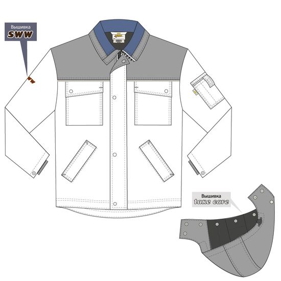 Зимняя куртка мужская рабочая  432С(419-С)-TWILL FZ-55/90  на стеганой подкладке с отстегивающимся капюшоном и удлиненной спинкой, вид спереди и капюшон, эскиз