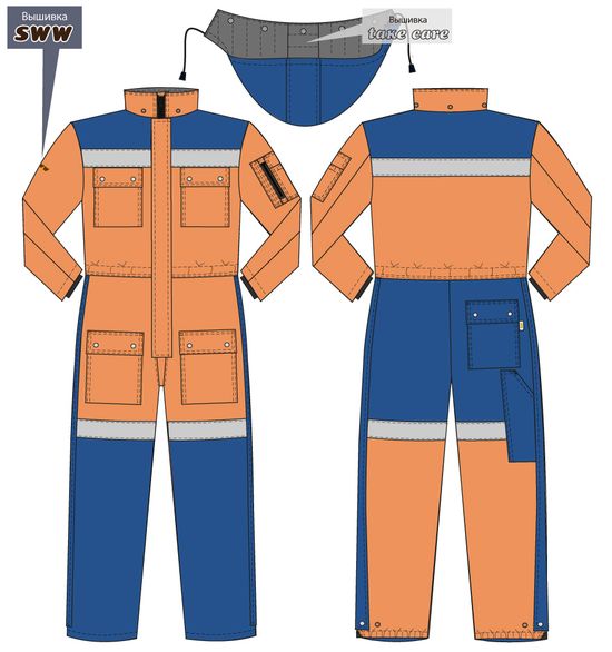 Рабочий зимний мужской комбинезон 8831-TWILL FT-717/16 на подкладке из искусственного меха. Эскиз