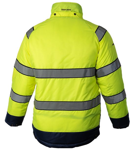 Куртка утепленная зимняя сигнальная 4677•ND-TWILL-71/15 с отстегивающимся капюшоном и световозвращающими лентами, вид сзади Куртка утепленная зимняя сигнальная 4677•ND-TWILL-71/15 с отстегивающимся капюшоном и световозвращающими лентами, вид сзади
