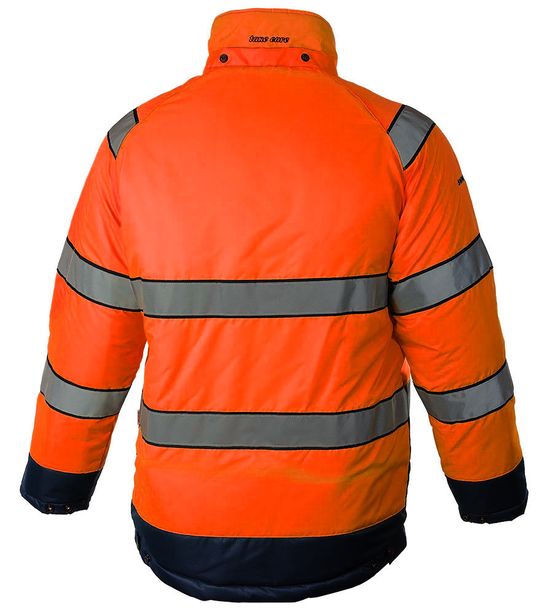 Куртка утепленная зимняя сигнальная 4677•ND-TWILL FT-77/15 с отстегивающимся капюшоном и световозвращающими лентами, вид сзади Куртка утепленная зимняя сигнальная 4677•ND-TWILL FT-77/15 с отстегивающимся капюшоном и световозвращающими лентами, вид сзади