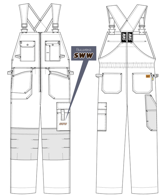 Летний полукомбинезон 51T-FU-555 из хлопка FU (375 г/кв. м) с наколенниками, эскиз
