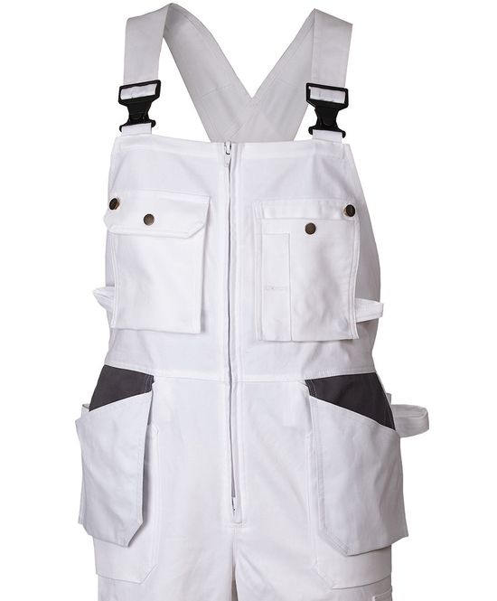 Полукомбинезон рабочий летний белый 51M-2-EASN-00/55 из плотного хлопка с наколенниками и 13 карманами,  вид спереди, фрагмент