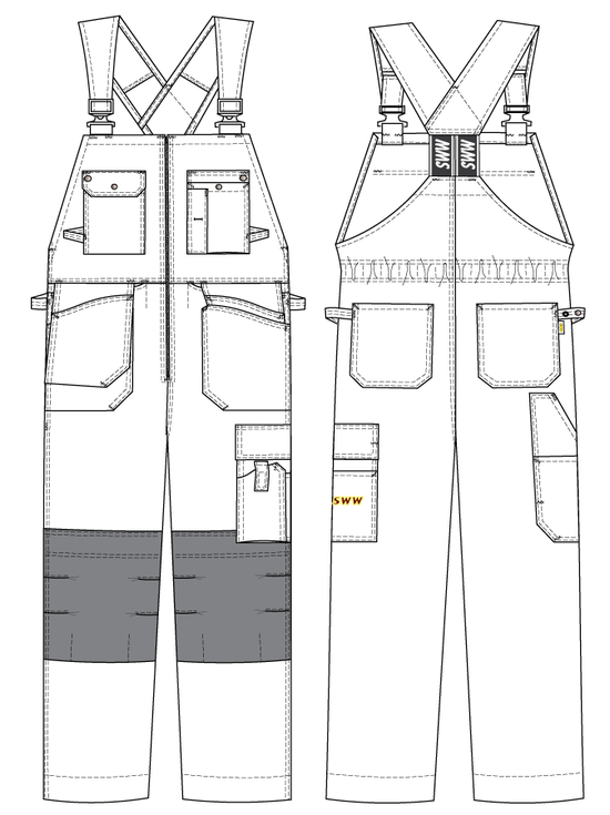 Полукомбинезон рабочий летний тёмно-синий 51-2-P154-14 из смесовой ткани с наколенниками и 12 карманами, эскиз Полукомбинезон рабочий летний тёмно-синий 51-2-P154-14 из смесовой ткани с наколенниками и 12 карманами, эскиз