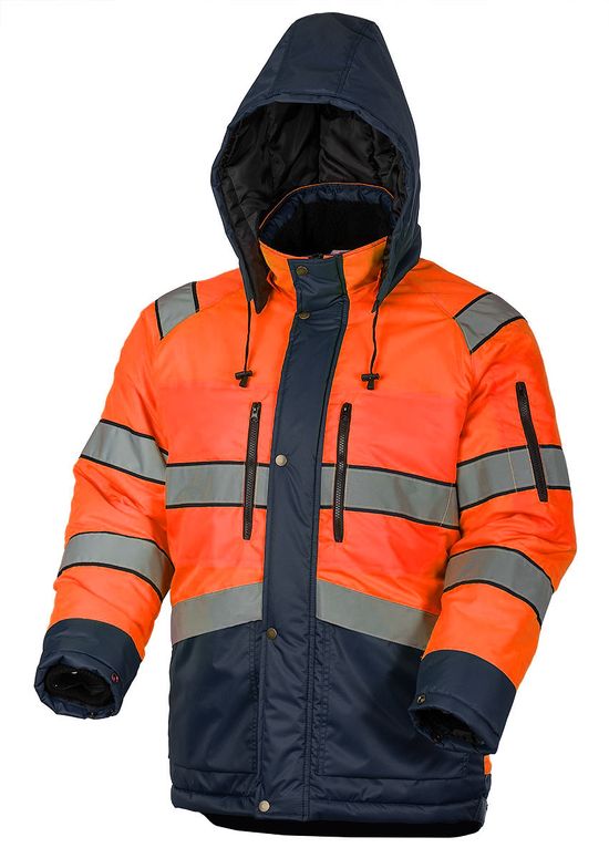 Куртка утепленная зимняя сигнальная 4677•ND-TWILL FT-77/15 с отстегивающимся капюшоном и световозвращающими лентами, вид спереди