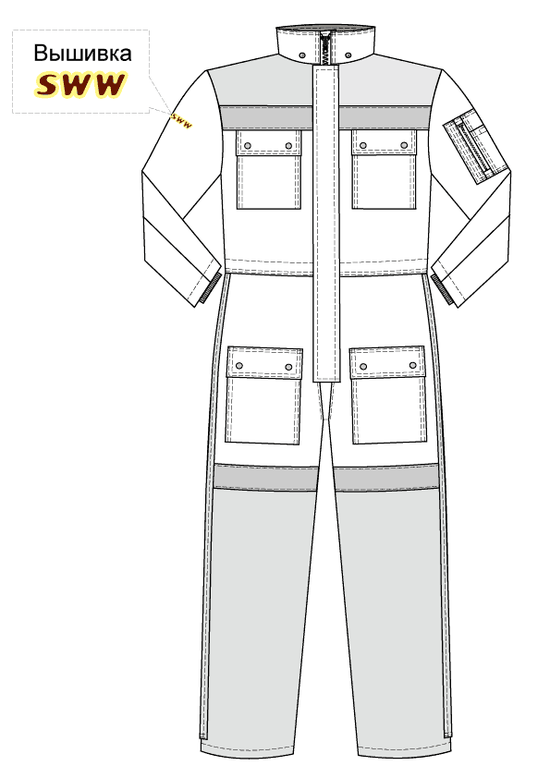 Зимний экстремальный комбинезон с капюшоном  8831F-PP-80/55  с комбинированным утеплителем, эскиз, вид спереди
