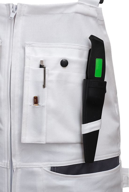 Белый рабочий летний полукомбинезон 55M-EASN-00/55 из хлопка, крепление ножа в ножнах