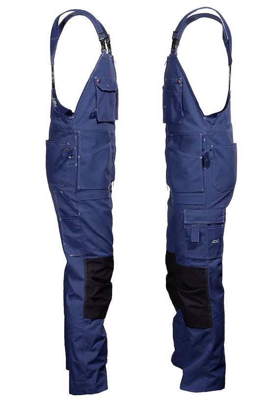 Полукомбинезон рабочий летний тёмно-синий 51-2-P154-14 из смесовой ткани с наколенниками и 12 карманами, вид сбоку Полукомбинезон рабочий летний тёмно-синий 51-2-P154-14 из смесовой ткани с наколенниками и 12 карманами, вид сбоку