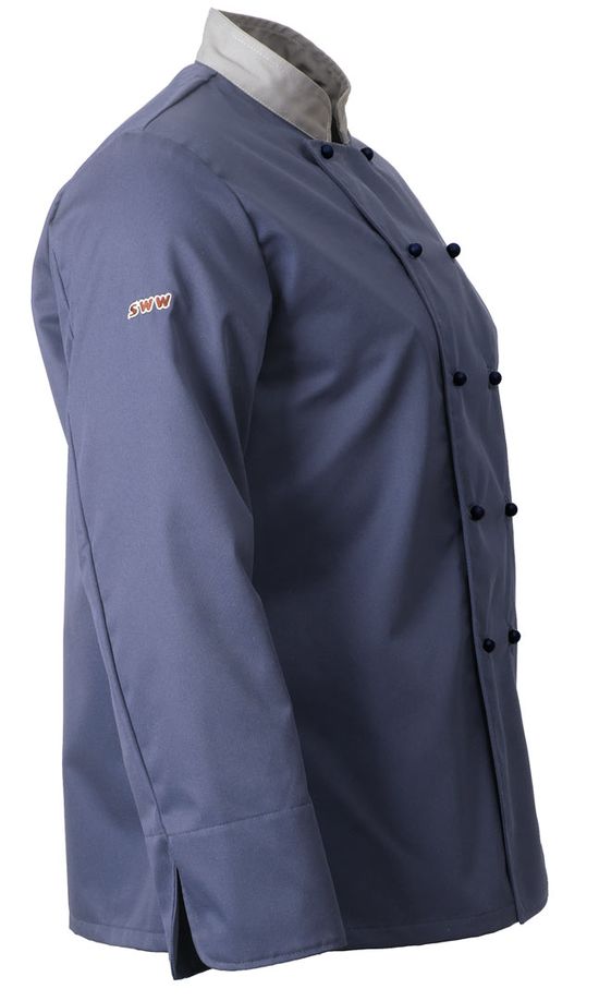 Китель повара голубой с серым воротником унисекс 379A-TEREDO-11/57 из износостойкой смесовой ткани, в розницу и оптом, вид справа